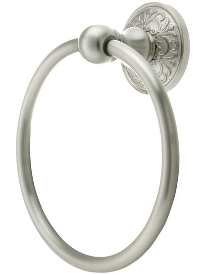 Brass Towel Ring with Lancaster Rosette in Satin Nickel.